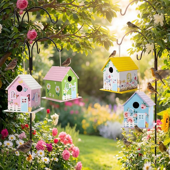 DoubleFill 4 Pcs Summer Wooden Bird Houses for Outside, Bluebird House, Hanging Nesting Box for Sparrow, Chick adee, Hummingbird Wren Cardinal Swallow Sparrow Finch