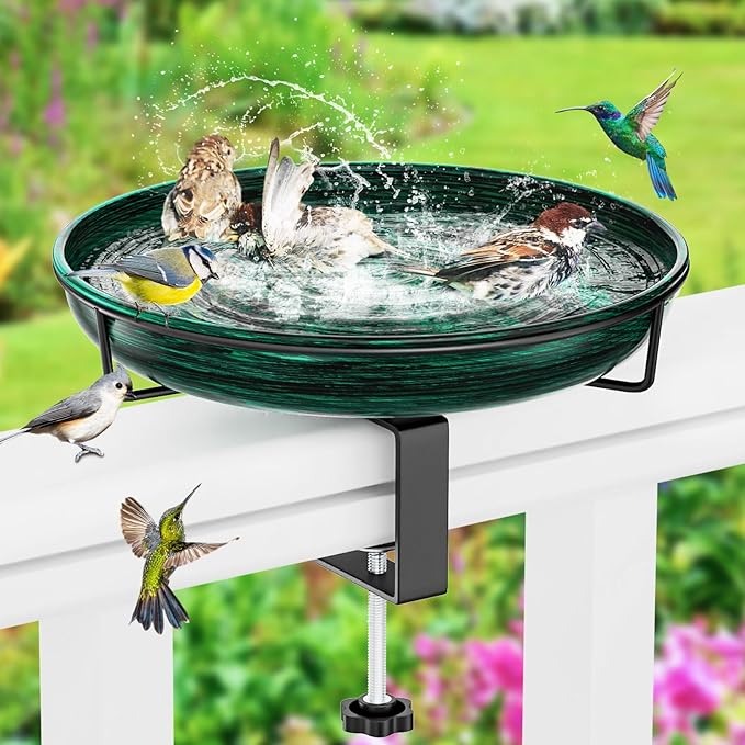 Deck Mounted Metal Bird Bath for Outside, Detachable Birdbath Bowl with Adjustable Steel Clamp, Outdoor Bird Feeder for Railing Balcony Fence Yard Art Garden Decor (Vintage Green)