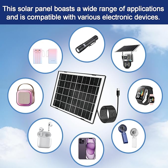 Eco-friendly 8W 5V Monocrystalline Solar Panel, Type-C Interface, IP66 Waterproof, 6.5-foot Cable, High Conversion Rate, Compatible with Various Electronic Devices