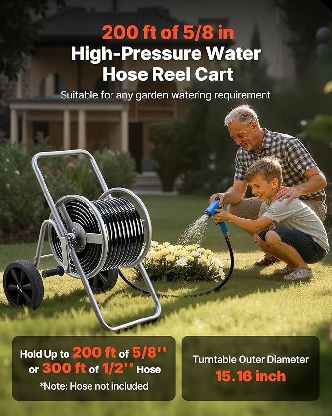 VEVOR Hose Reel Cart, 200/300 ft High-Pressure Garden Hose Cart, Hoses Reel Carts with Two Wheels, Handle & Heavy-Duty Mesh Storage Basket, Portable Hoses Reels for Garden Watering, Car Washing