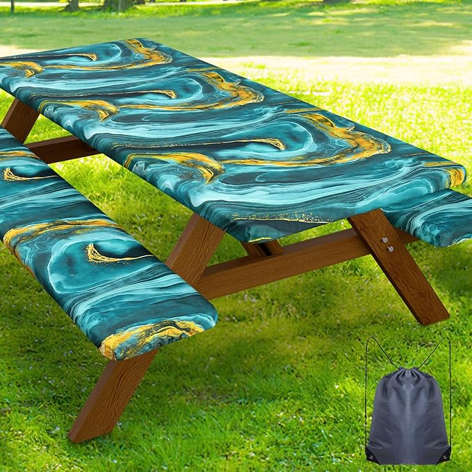 Smiry Picnic Table Cover with Bench Covers, Waterproof Elastic Fitted Tablecloth for 6 Foot Tables, Washable Polyester Tablecloths for Camping, Indoor & Outdoor (Teal & Gold, 30x72 Inch 3-pc Set)