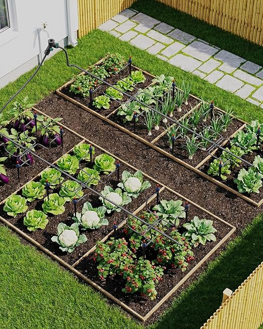 MYMULIKE 99FT Drip Irrigation System, 1/2" Main Pipe & 1/4" Branch Pipe, Adjustable Drip Emitters, Automatic Irrigation Kit Garden Watering System for Flower Bed, Raised Beds, Lawn, Greenhouses