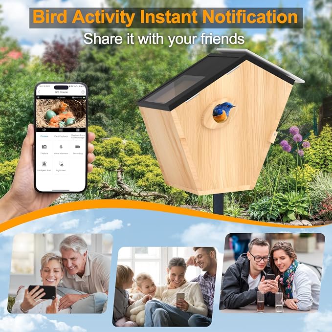 Smart Bird House with Camera Solar Powered,Bird Nesting Box Watching Wireless Camera for Bluebird,5MP Full Color IR Night Vision,2.4G WiFi APP Controlled Auto Notification,Ideal Gift for Bird Lovers
