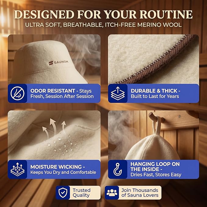 Wool Sauna Hat for Men and Women — 100% Natural Wool — Breathable, Itch-Free and Odor Resistant Sauna Cap — Ideal Banya Hat for Men