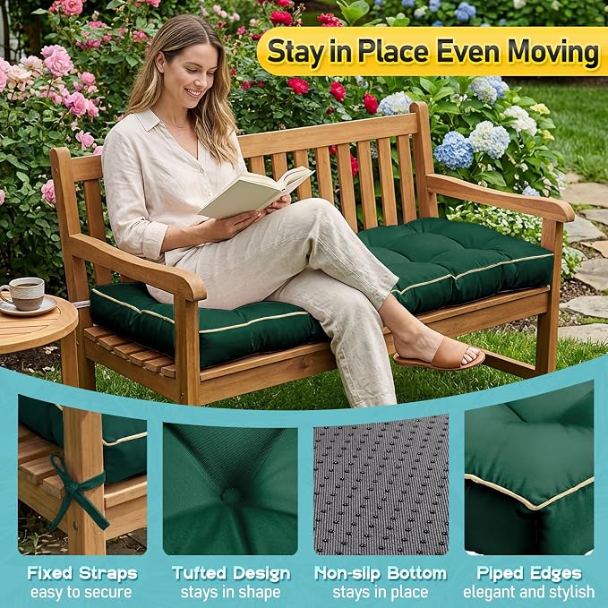 Outdoor Bench Cushion, Tufted Patio Seat Pad for Garden Bench, Porch Swing, Indoor/Outoor Furniture (Green, 36X14X4 inch)