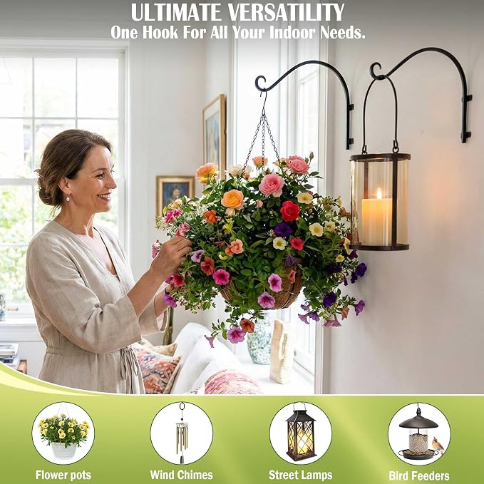 Lifyzoon Heavy Duty Hanging Plant Bracket: 50lbs Weight Capacity - Bird Feeder Hangers 2 Packs, 12-Inch Black Metal Plant Bracket Wall Hook for Birdhouse, Wind Chimes, Lanterns, Easy to Install
