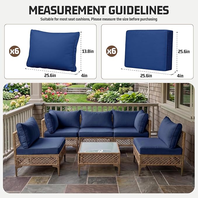 12pcs Outdoor Patio Cushion Covers Replacement, 25.6" Zippered Outdoor Cushion Covers Waterproof, UV Resistant & Washable Patio Furniture Cushion Covers Waterproof for Patio Sectional, Navy Blue