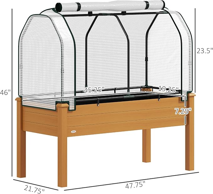 Outsunny Raised Garden Bed with PE Greenhouse Cover Outdoor Elevated Wood Planter Box for Herbs and Vegetables, Use for Patio, Backyard, Balcony, 48 x 22 x 46 inch, Sand