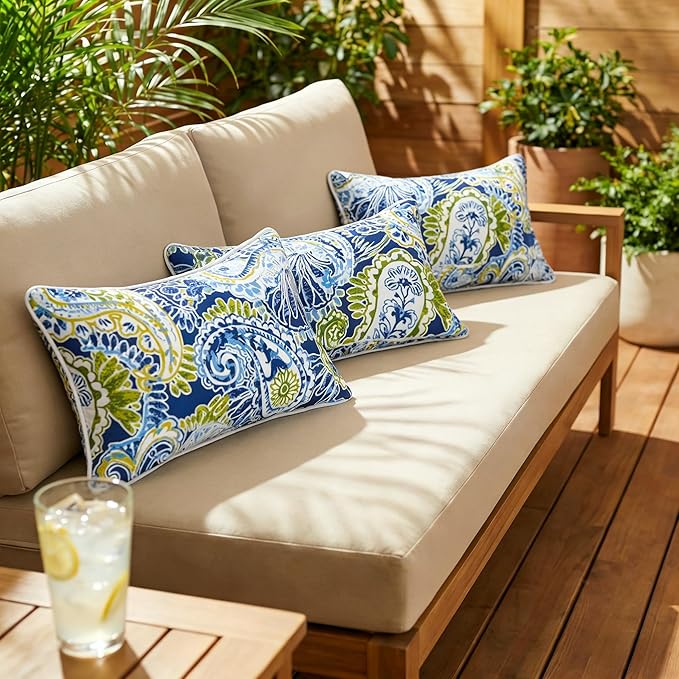 JMGBird Lumbar Support Pillow Set of 2 - Paisley Pattern Water-Repellent Cushions with Insert for Office Chair, Car Seat, Outdoor Furniture, 12x20 Inch