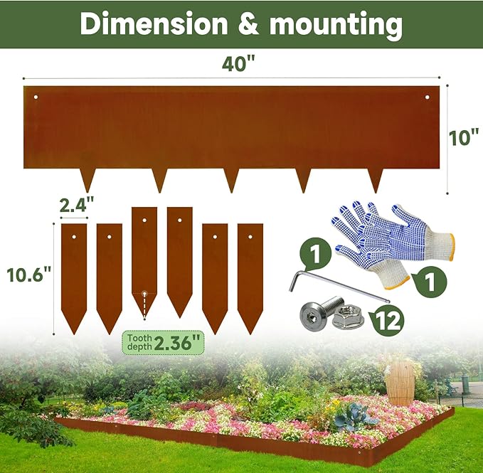 Corten Steel Landscape-40 LX 10" H Metal Garden Edging 20FT Total Rusted Lawn Edging 6 Pcs-No-Dig Hammer Heavy Duty Steel Edging-Bendable Border Strips for Lawn Yard Courtyard Pathway-6 Clips