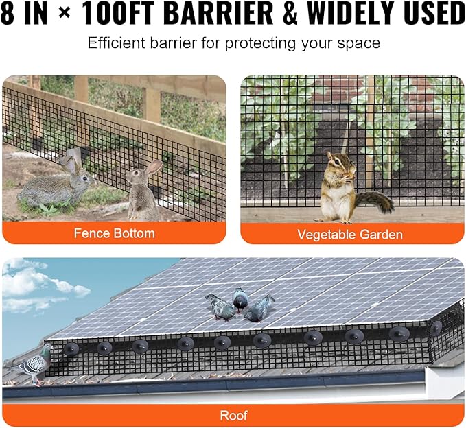VEVOR 8 inch x 100ft Solar Panel Bird Guard, Critter Guard Roll Kit with 70pcs Durable Metal Fasteners, Solar Panel Guard with Rust-Proof PVC Coating, 1/2 inch Wire Roll Mesh