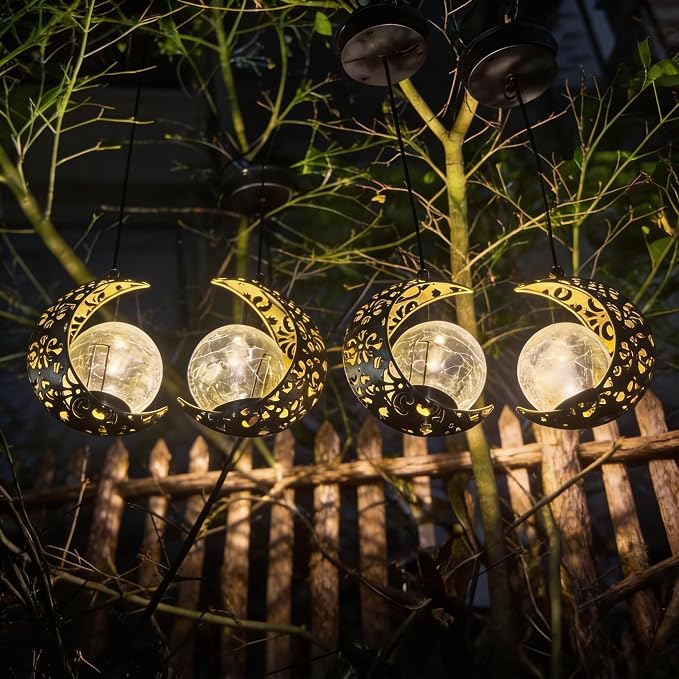 Solar Lanterns Outdoor Waterproof Decor, 4 Pack Hanging Moon Garden Lights Metal Crescent & Crackle Glass Globe, Outside LED Light for Garden, Yard, Patio, Tree, Housewarming Gifts for Women Mom