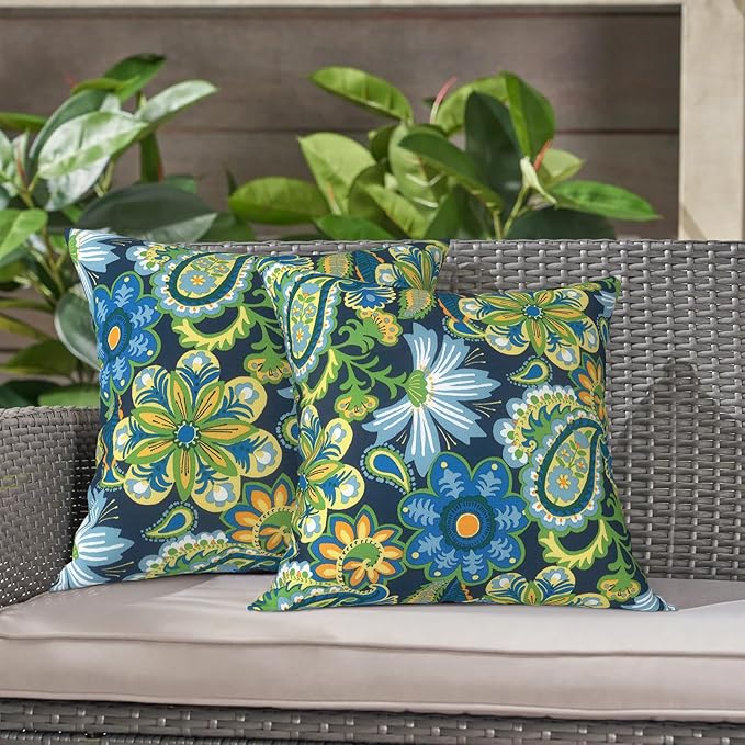 LVTXIII 2 Pack Outdoor Throw Pillow Covers for Patio Furniture, 16x16 Inch Square Pillow Case, Water-Repellent Cushion Covers for Garden, Porch, Sofa, Bohemian Azure