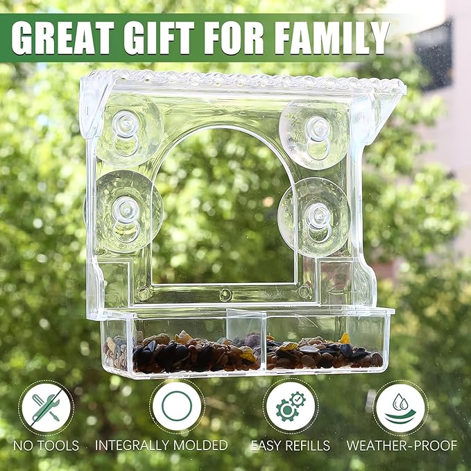 Window Bird Feeder with 4 Extra Strong Suction Cups, Clear Birdfeeders Bird House for Outdoors Window Viewing Outside, Removable Tray Birdhouse