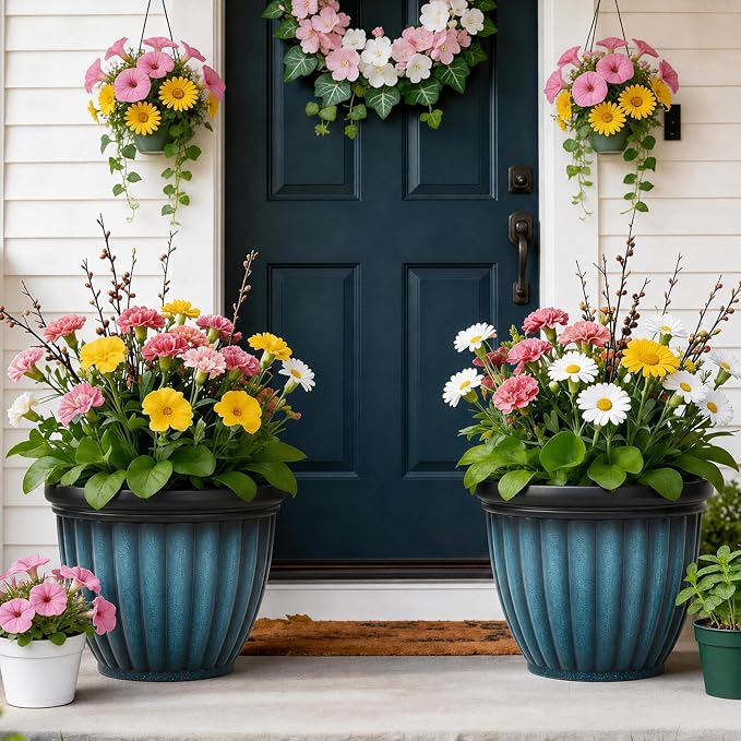 15" Large Flower Pots, Set of 2 Plastic Planters for Outdoor Indoor Plants with 3D Ribbed Textures, Drainage Holes, Weather-Resistant Planters for Porch Garden Patio, Gradient Teal Blue