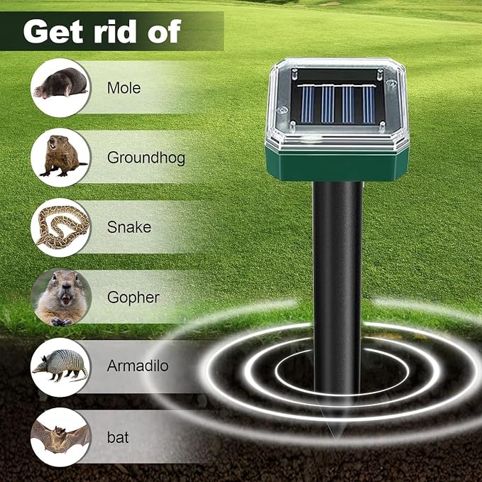 8 Pack Mole Repellent Solar Powered for Lawns Snake Repellent for Yard Rodent Repellent Gopher Groundhog Vole Ultrasonic Spike Outdoor Waterproof Sonic Burrowing Animals Deterrent Stakes