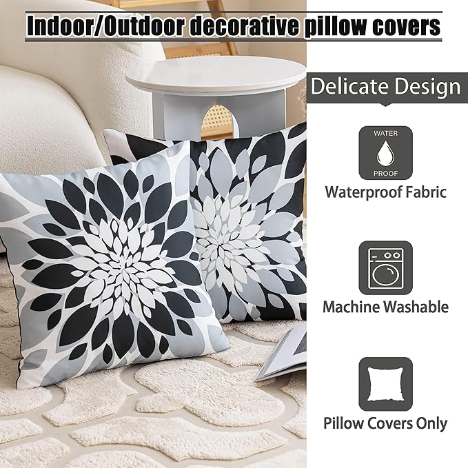 Qahing Pack of 4 Outdoor Waterproof Pillow Covers 18x18 Decorative Outdoor Throw Pillows Garden Square Cushion Cases for Patio Furniture, Couch, Tent Sunbrella, Bench, Black Grey