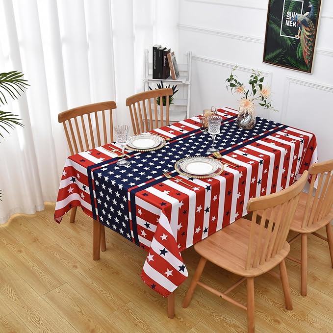 Classic 4th of July Tablecloth Fabric - Oblong 58x120 Water Resistant Chequered Memorial Table Cloth for Indoor/Outdoor Use - Tabletop Cover for Birthday, Picnics, Gardens, and Parties