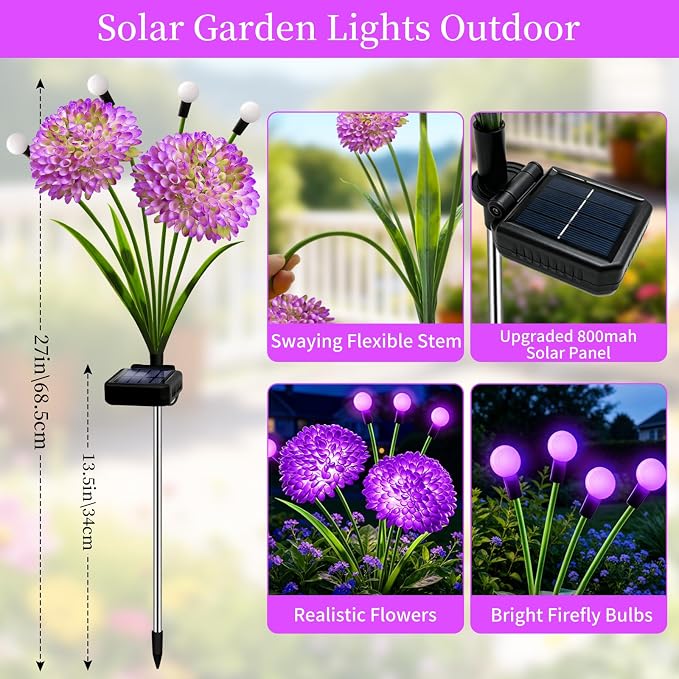 VOOKRY Solar Flowers Outdoor Waterproof, 4 Pack Purple Garden Lights with Swaying Firefly Lights, Flower Light Garden Decor for Yard Patio Pathway Lawn Grave, Gardening Gifts for Women Birthday