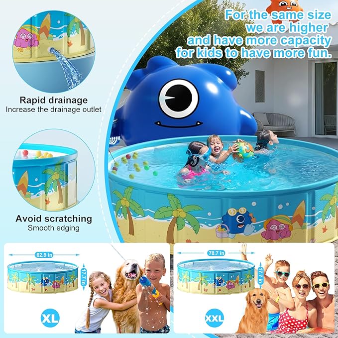 Foldable Swimming Pool for Kids 62.9"x17.7" Hard Plastic Portable Dog Pool Anti-Slip Collapsible Pets Bathtub Kiddie Pool Indoor Outdoor Backyard (JellieMons 63'')
