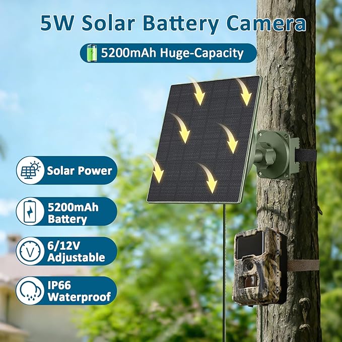 Zivif Solar Panel for Trail Camera, 5W Solar Charger Built-in 5200mAh Rechargeable Battery, Solar Charger 6V/12V Adjustable Output, USB-C & DC Plugs IP66 Waterproof, 360° Adjustable Mount