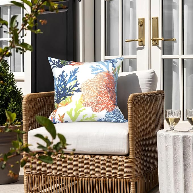 LVTXIII 2 Pack Outdoor Pillow Covers ONLY 18x18 Inch, Water-Repellent Square Decorative Cushion Covers for Patio Furniture, Garden, Sofa, Coral Multi
