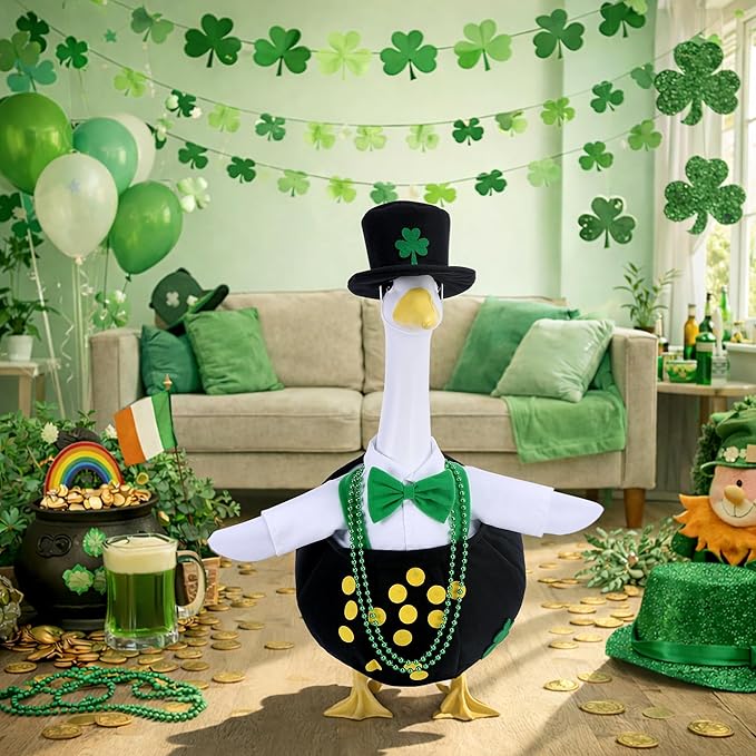 Watayo 4 Pcs/Set St. Patrick's Day Porch Goose Outfits, Shamrock Gold Coin Lawn Goose Statue Costume, Irish Clover Pot Garden Goose Clothes with Hat Bead Necklaces for 23" High Statue Patio Yard Decor