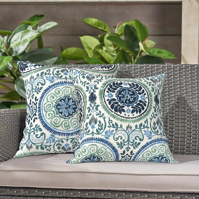 LVTXIII 2 Pack Outdoor Throw Pillow Covers for Patio Furniture, 16x16 Inch Square Pillow Case, Water-Repellent Cushion Covers for Garden, Porch, Sofa, Coastal Medallion