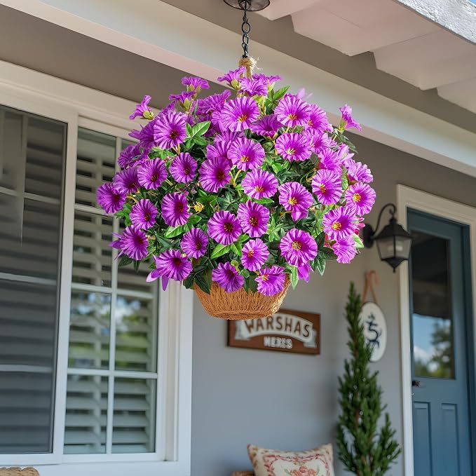 Purple Artificial Morning Glory Flowers for Outdoor Planters, Premium UV Resistant Silk Faux Flowers for Porch, Hanging Basket & Window Box, Cottage Garden Decor, No Pot, 13.3 Inch, 8 Bundles