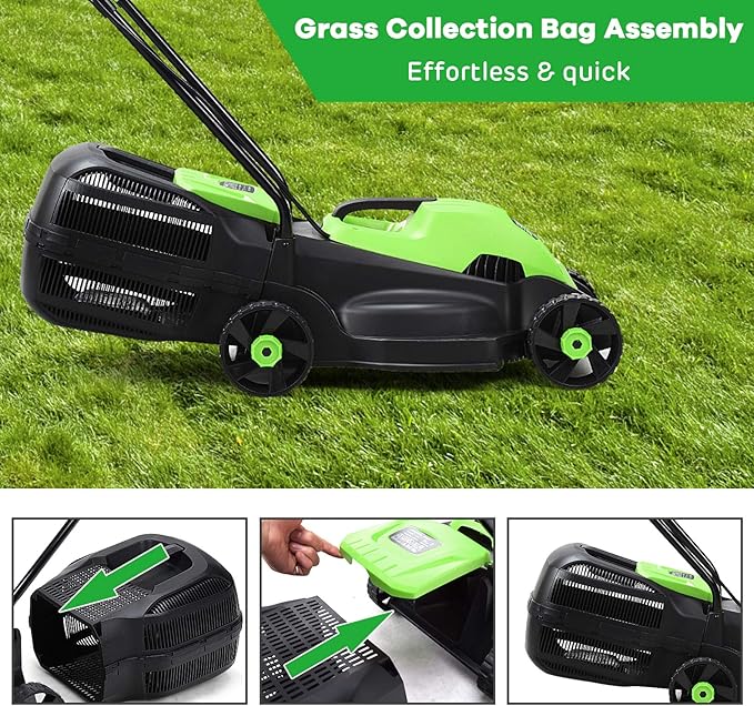 Happygrill Lawn Mower 13-Inch Electric Lawn Mower, Handle Push Corded Lawn Mowers with Grass Bag, Folding Handle, Adjustable Cutting Height for Garden Yard, 12 Amp,Green