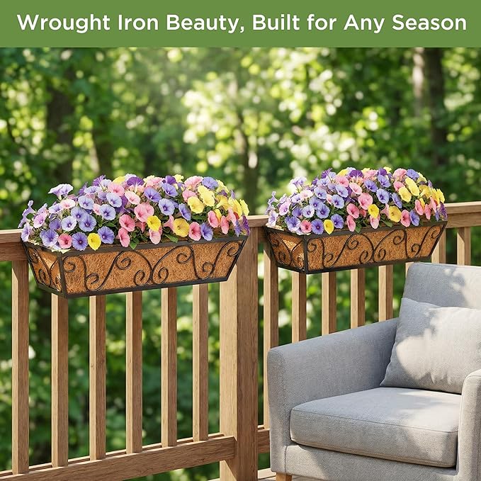 24 Inch Railing Planter Box 2 Pack, Adjustable Window Metal Box Planter with Coco Liner, Hanging Flower Planter for Balcony Deck Fence Porch Patio, Black