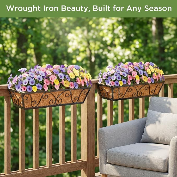 HFHOME 24 Inch Railing Planter Box with Coco Liners for Porch, Fence, Patio, Balcony Hanging Flower Railing Baskets with Adjustable Brackets for Outdoor Garden - 2 Packs