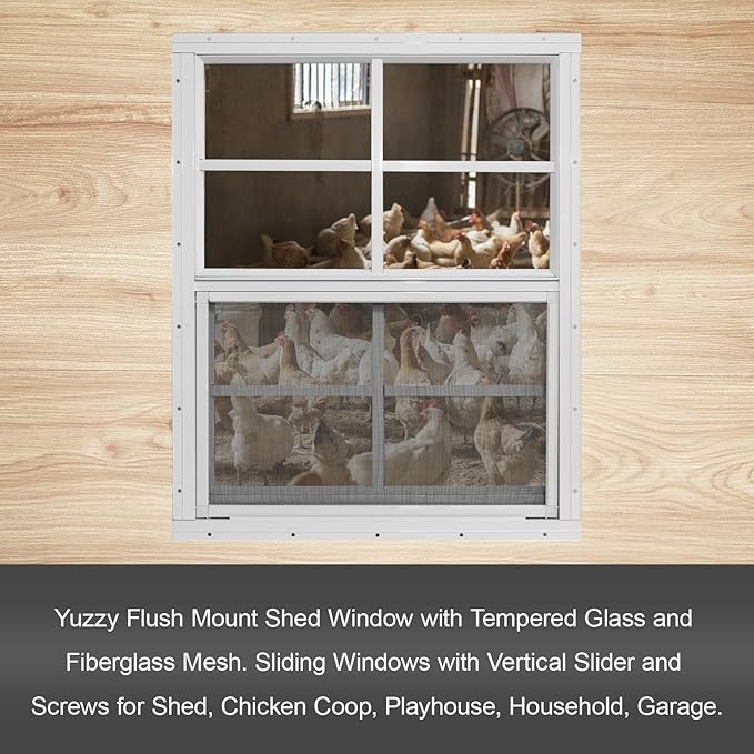 Yuzzy 18" x 23" Shed Windows with Tempered Glass and Fiberglass Screen, 2 Pack Small Sliding Windows for Shed, Chicken Coop, Playhouse, Household, Garage, Barns (White)