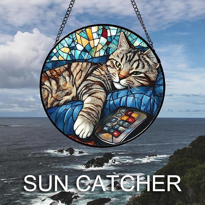 DASTOLL Stained Glass Window Hanging Gray Cat and Remote Control Large 11.8" - Suncatcher Door Garden Kitchen Sun Catcher Home Decor Birthday for Lost Pets Mom Men Woman Friend Grandma