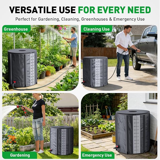Yesker Collapsible Rain Barrel, 53 Gallon Portable Rainwater Collection System, 550D PVC Water Storage Tank, Rain Catcher with Spigots Filter Overflow Kit, Grey