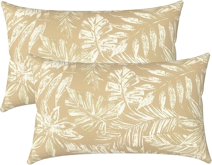 LVTXIII Set of 2 Patio Lumbar Pillows, 12" x 20" Fade Resistant Outdoor Lumbar Pillow with Inners, Fluffy Decorative Garden Lumbar Cushions for Home Patio Coach Sofa Use, Tropical Leaf Oat
