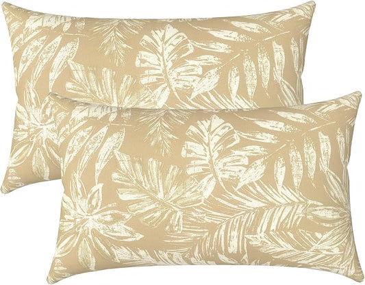 LVTXIII Set of 2 Patio Lumbar Pillows, 12" x 20" Fade Resistant Outdoor Lumbar Pillow with Inners, Fluffy Decorative Garden Lumbar Cushions for Home Patio Coach Sofa Use, Tropical Leaf Oat