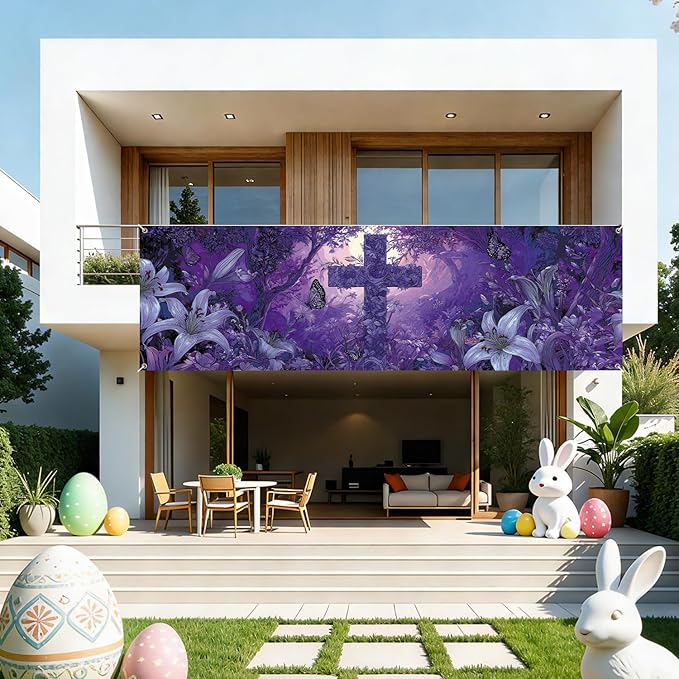 Purple Christian Cross Fence Banner 118 x 35 Inch, Large Waterproof Outdoor Religious Floral Banner with Lilies & Butterflies for Yard Church Decorations