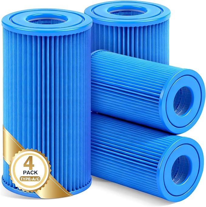 KimPump 4 Pack Type A/C Pool Filter Cartridges, Cartridge Filter Compatible with 1000GPH Above Ground Pool Pumps | Reusable & Easy to Clean | Premium Thickened Material for Highly Efficient Filtration