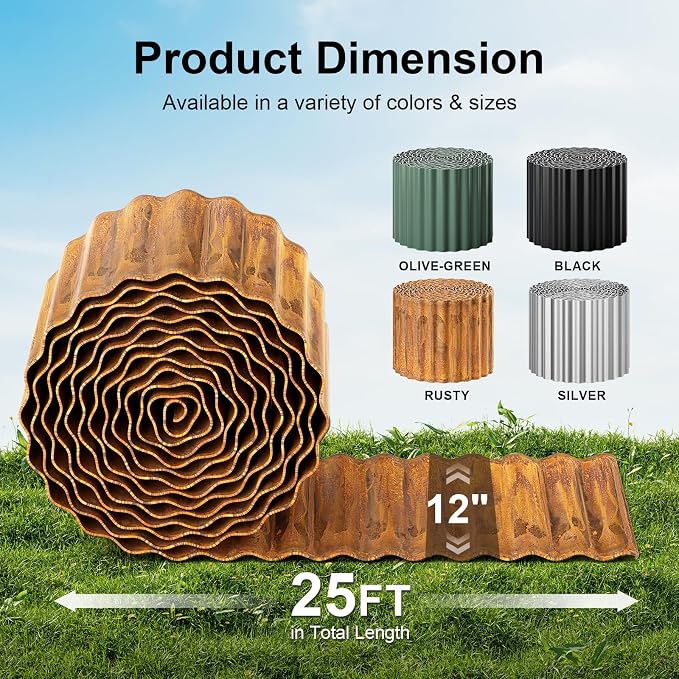 Land Guard Corrugated Garden Edging Border,12" x 25' Landscape Paver Edging, Tall Landscape Edging, Fence for Garden, Flower Bed, Lawn and Landscape Edging (Rusty)