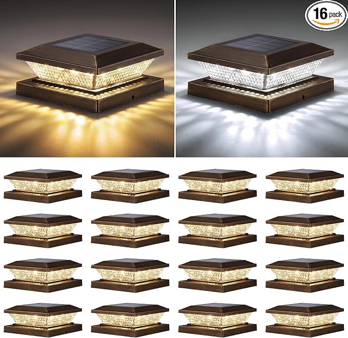Mlambert 4x4 Solar Post Cap Lights Outdoor 16 Pack, Waterproof Solar Fence Light for Wooden/Vinyl Post, 2 Color Outside Deck Patio Porch Decor, Brown