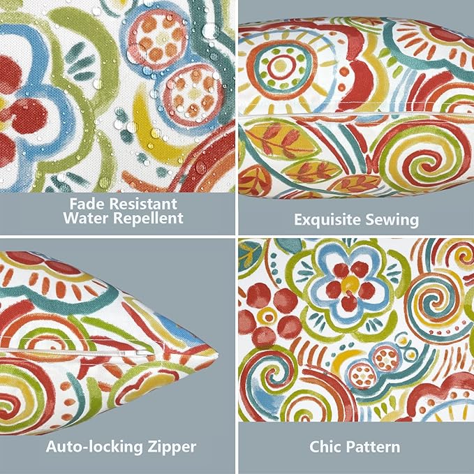 LVTXIII 2 Pack Outdoor Throw Pillow Covers for Patio Furniture, 16x16 Inch Square Pillow Case, Water-Repellent Cushion Covers for Garden, Porch, Sofa, Flower Multi