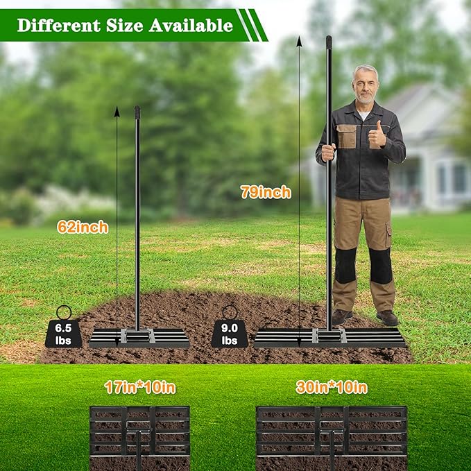 39" Stand Up Weed Puller Tool - Heavy Duty Detachable 3-Claw Weeder with Ergonomic Long D-Handle Lawn Leveling Rake 17x10 inch, Heavy Duty Ground Leveler for Soil, Sand
