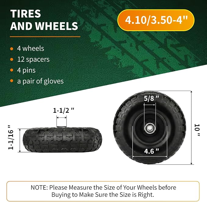 10 Inch Soild Dolly Tire Wheels 5/8" Axle,4.10/3.50-4 Tire and Dolly Wheel Flat Free for Hand Truck,Wheelbarrow Garden Cart, Wagon,Lawn Mower and Gorilla Cart Tires(4 Packs,Black)
