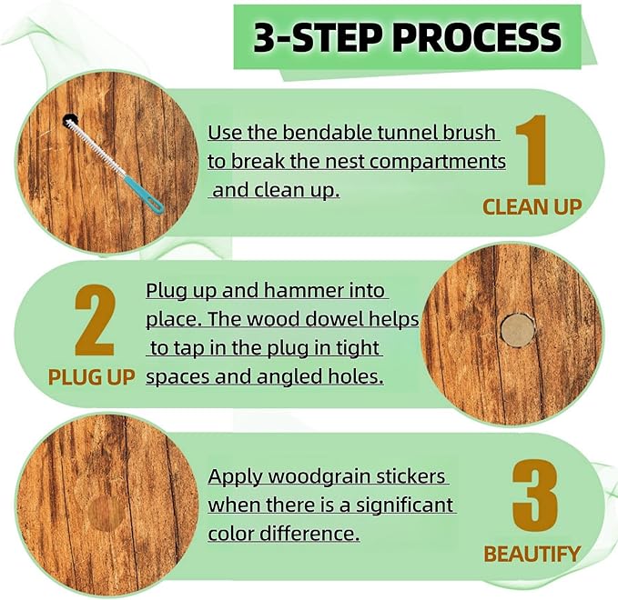 218 Pieces 3-in-1 Carpenter Bee Holes Repair Kit, Small Medium Large Wood Bee Hole Plugs, Carpenter Bee Corks Set, 3-Step Total Fix Solution