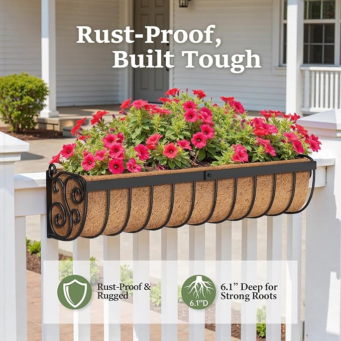 VOXOR Railing Planter Boxes, 30 Inch Window Boxes Planters, Balcony Planters with Adjustable Brackets & Coco Liner & Support Rod for Outdoor Fence, Deck, Porch, and Patio Gardening, 3 Pack