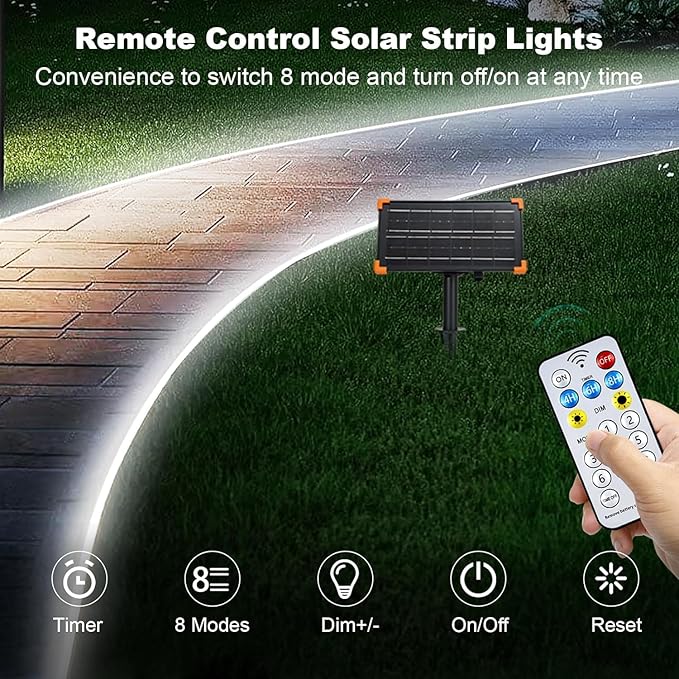 50Ft Solar Strip Lights Outdoor, Waterproof LED Light Strip Auto On/Off, Rechargeable Strip Lights 8 Mode with Remote Timer Acrylic Tape for Deck Patio Pool Pathway Camping Decor (Cool White)