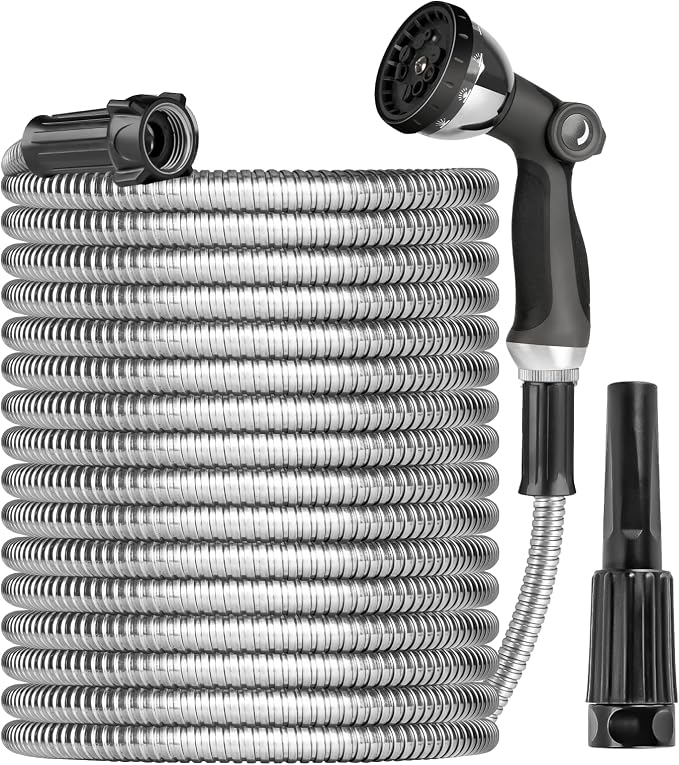 2024 Metal Garden Hose 75ft Heavy Duty Stainless Steel Water Hose with Sprayer & Metal Fittings Flexible Lightweight Hose Puncture Proof Hose for Yard, Outdoors, Rv