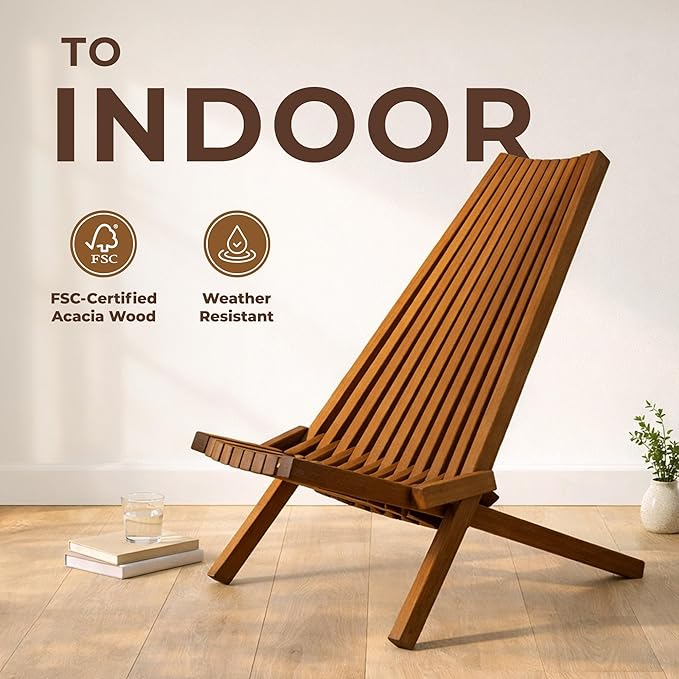 Melino Wooden Folding Tamarack Chairs, FSC Certified Acacia Low Profile Adirondack Chairs, Wood Folding Chair for Outdoor, Patio, Porch, Pool, Backyard, Garden, Balcony and Deck - Chestnut - Single