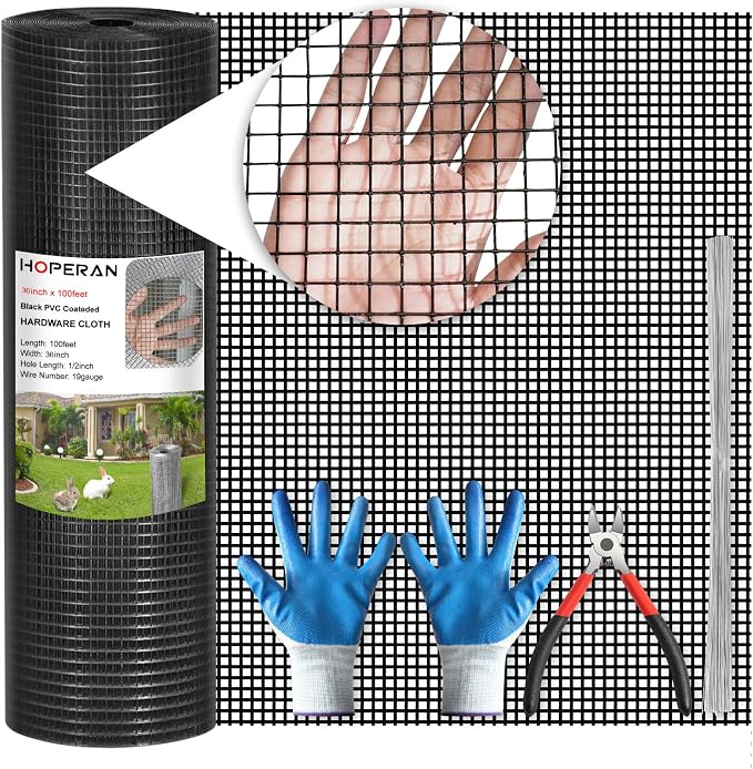 HOPERAN Black Hardware Cloth 1/2 inch 36inch x 100 Foot 19 Gauge - Vinyl Coated Welded Chicken Wire Fencing Mesh, PVC Wire Fence Roll for Garden Fence, Gopher Wire and Poultry Netting Cage